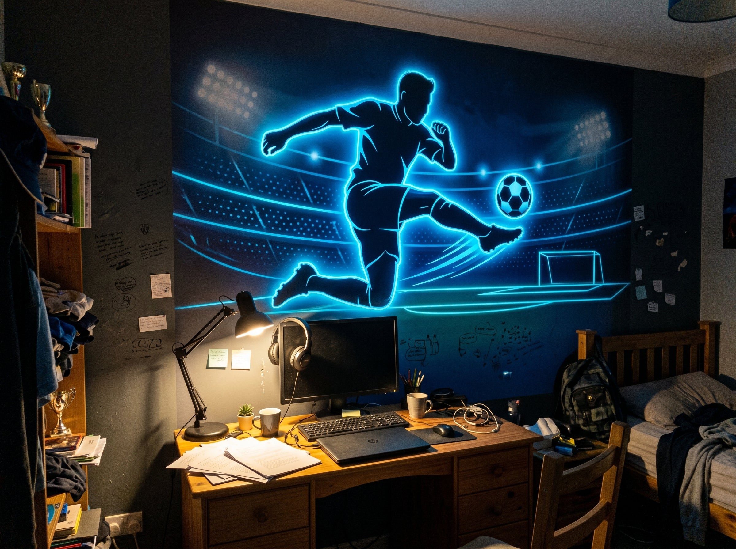 Idée papier peint chambre ado fan de foot : transformer un mur en tribune