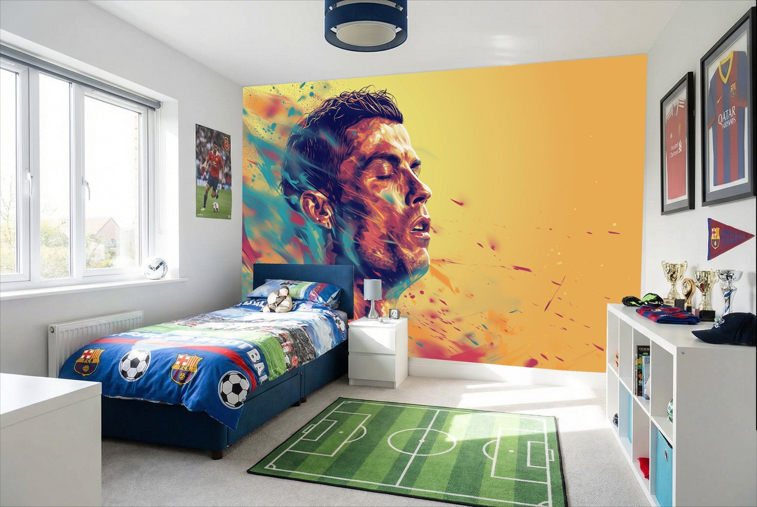 Papier peint cristiano ronaldo passion soccer avec visage de joueur de football coloré et dégradés orange-jaune dynamiques