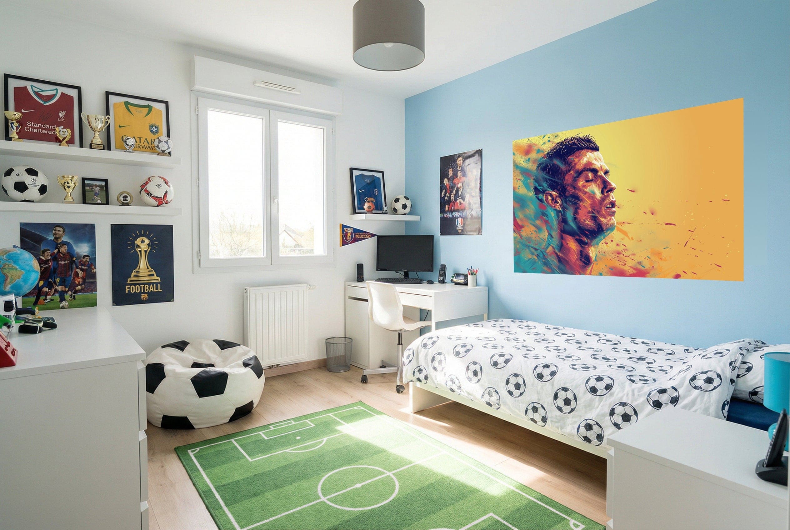 Fauteuil pouf noir et blanc motif ballon de football pour papier peint cristiano ronaldo passion soccer