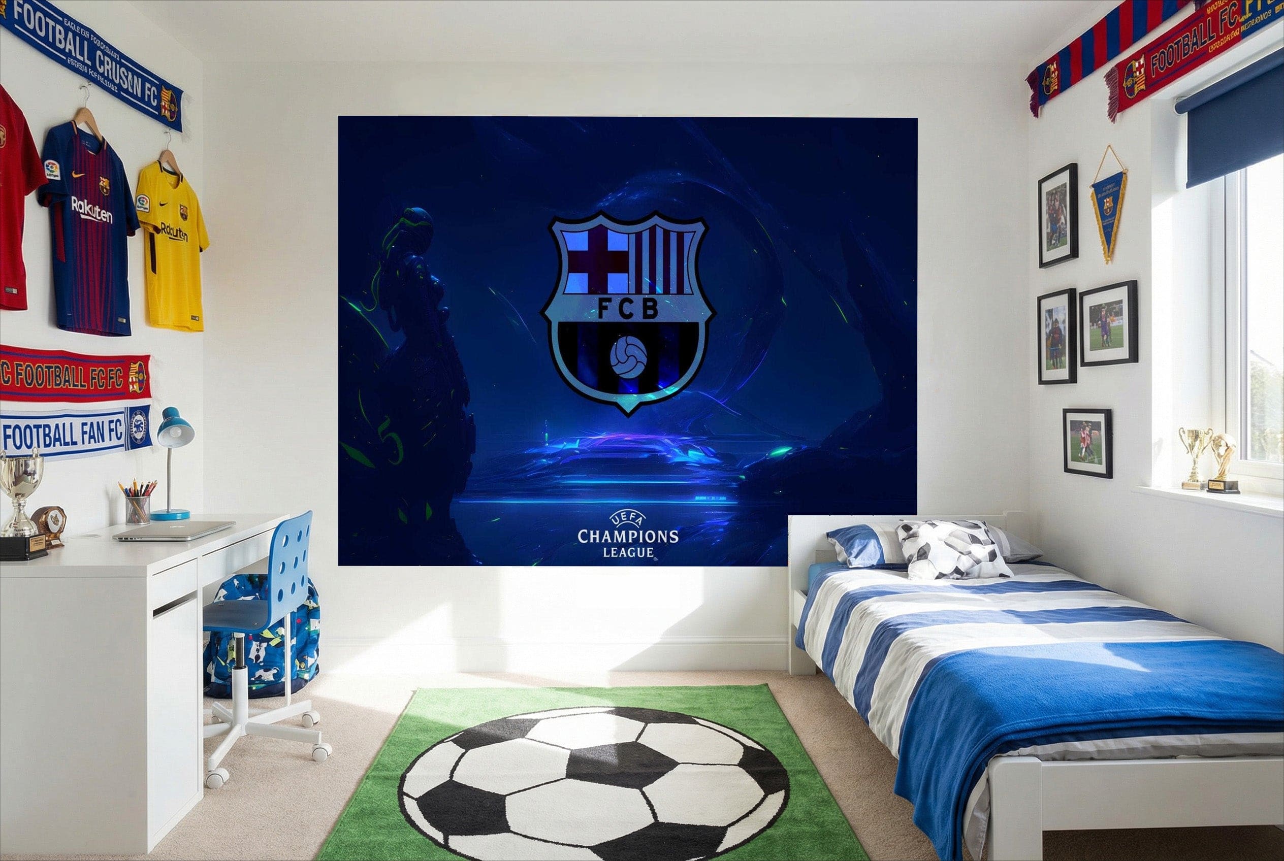Papier peint fc barcelona avec mural champions league bleu et blanc et blason lumineux sur fond étoilé pour fans sportifs
