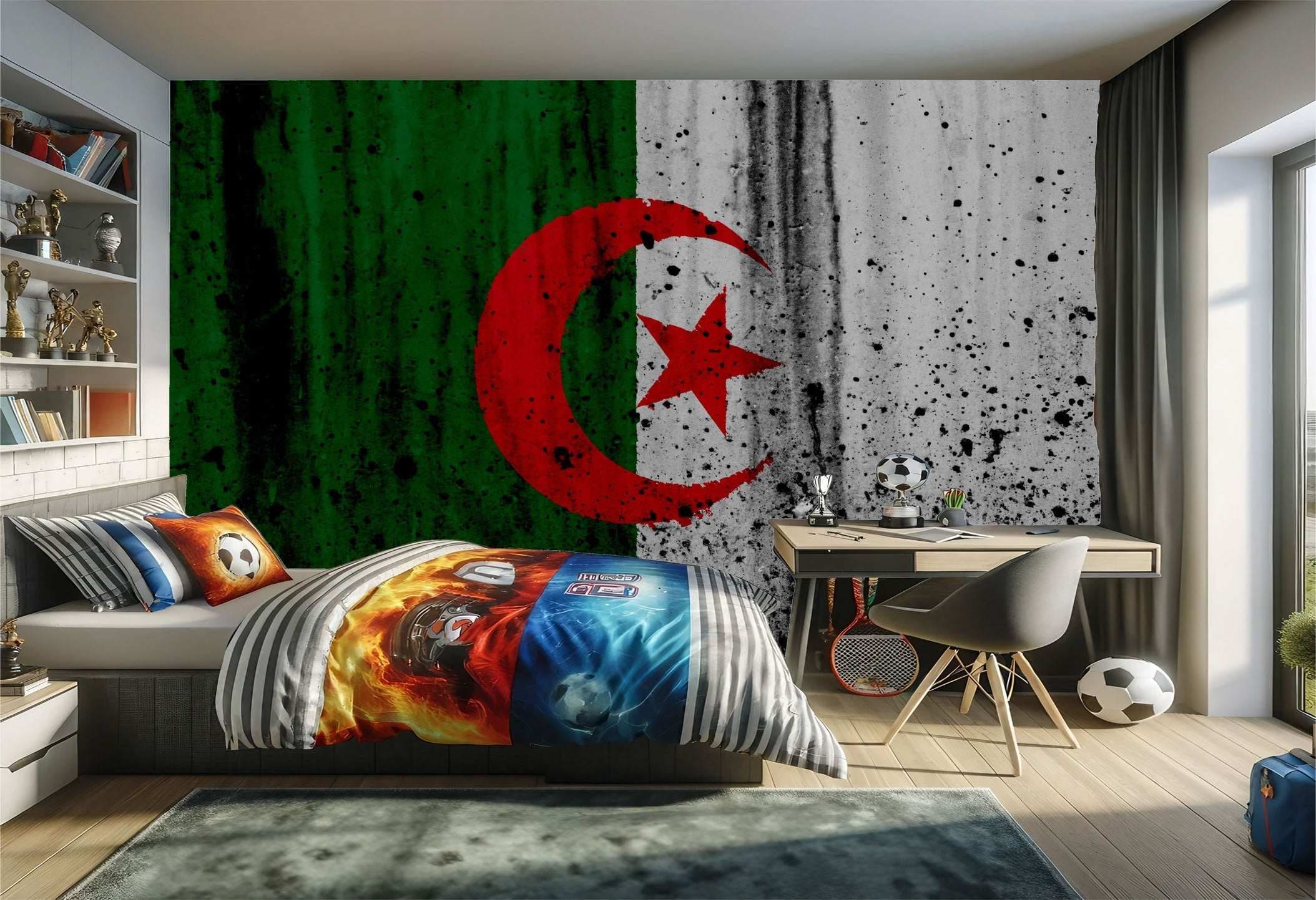 Une chambre d’enfant avec une peinture murale représentant le drapeau algérien et une literie sur le thème du football.