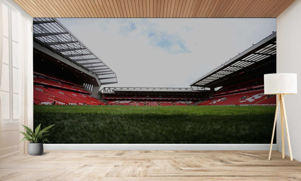 Une fresque représentant un vaste stade vide avec des sièges rouges et un terrain vert.