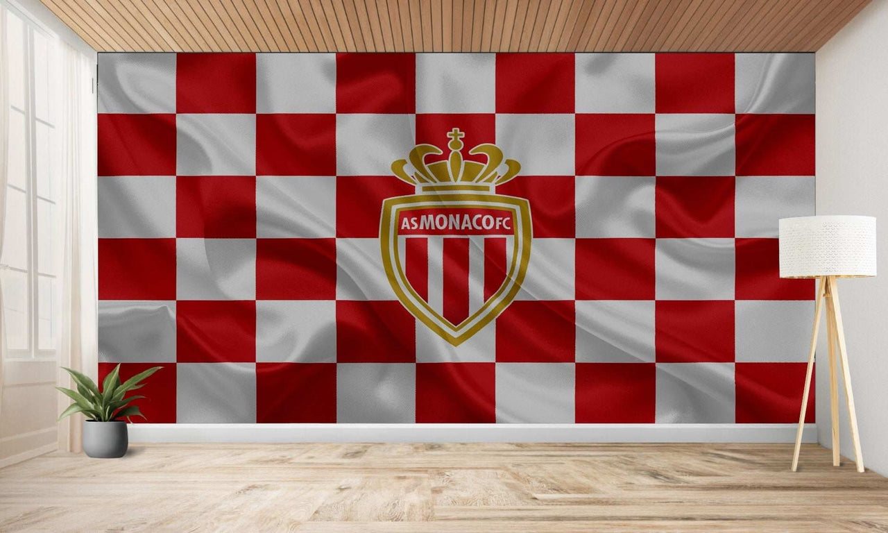 Grande tapisserie murale ou murale présentant un motif à carreaux rouges et blancs avec l’écusson de l’AS Monaco FC au centre.