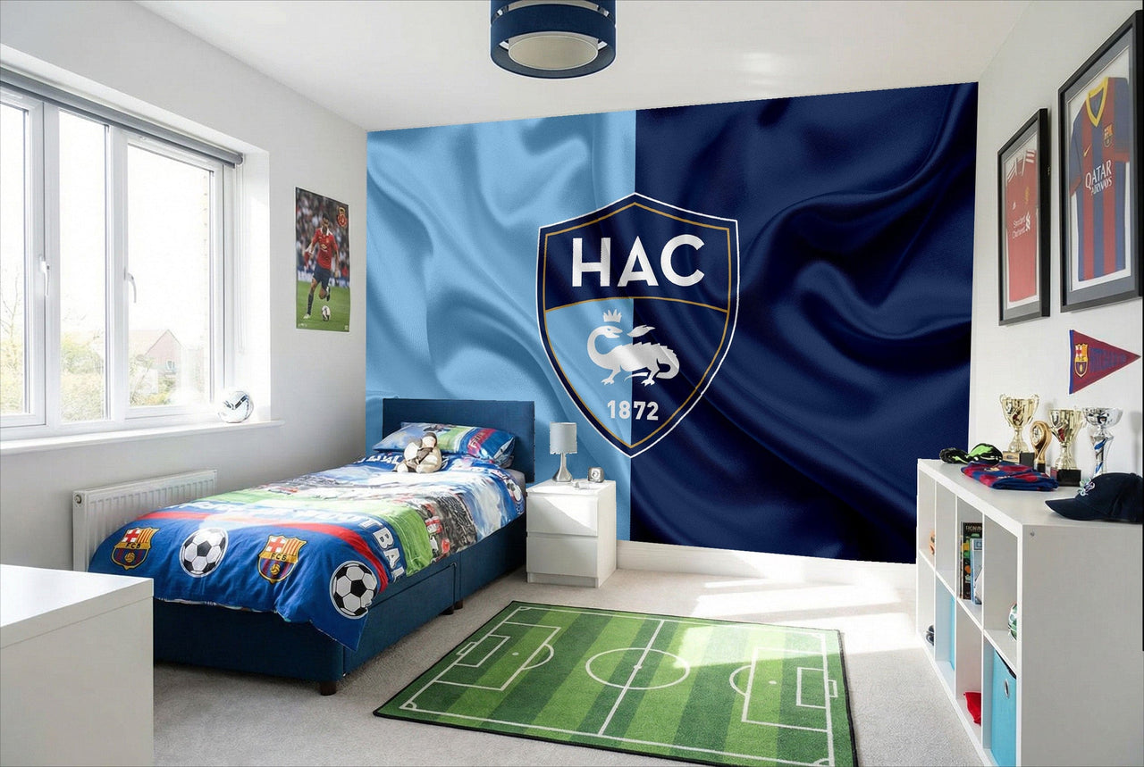 Papier peint foot hac effet drapeau bleu et marine avec crest hac et emblem crocodile pour chambre ou bureau sportif