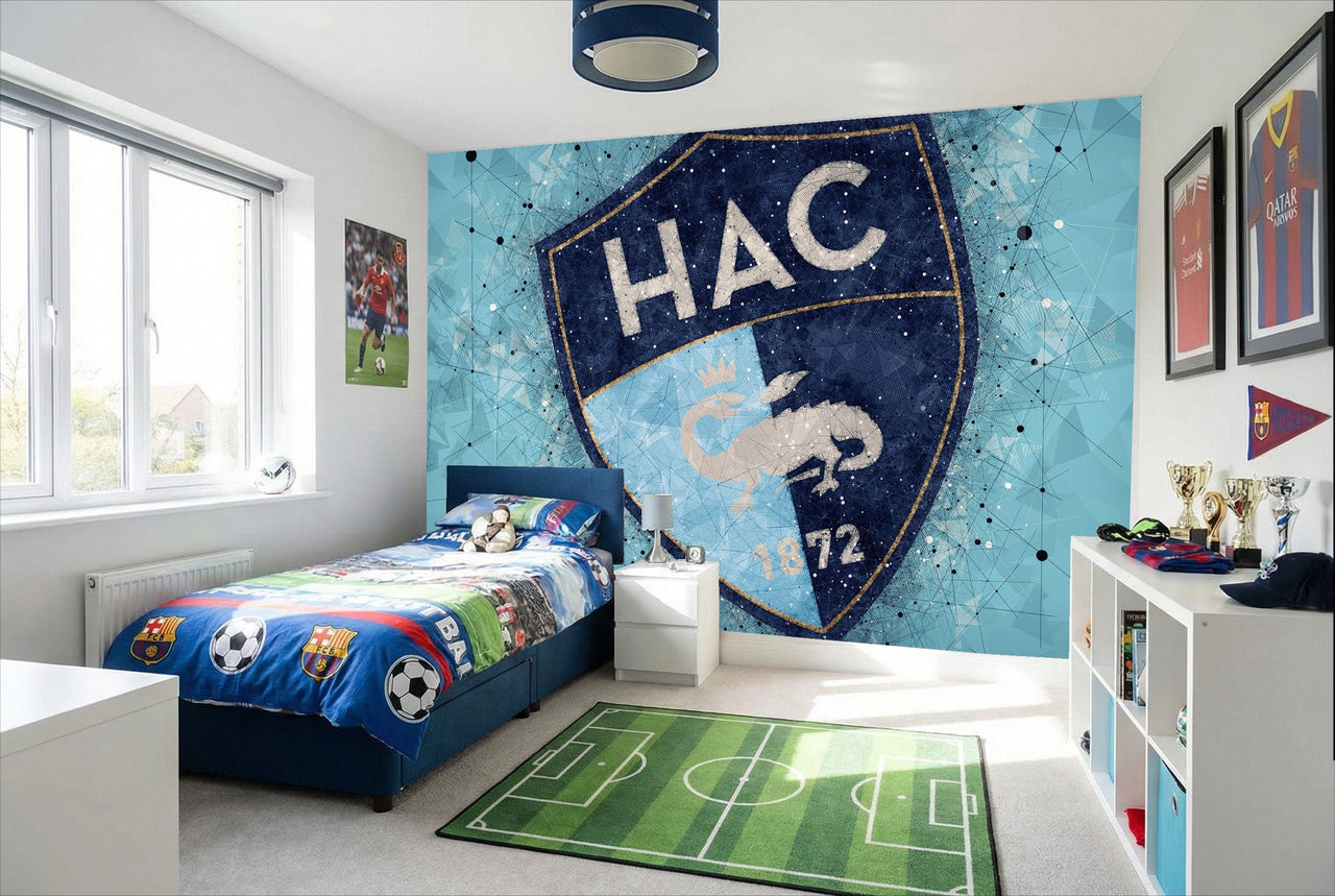 Papier peint football le havre hac avec blason bleu et blanc résistant à lusure et produits chimiques agressifs