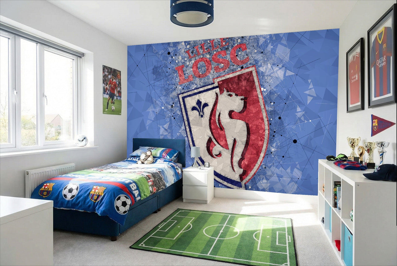 Papier peint lille avec logo football décoration losc en bleu et rouge au design géométrique usé