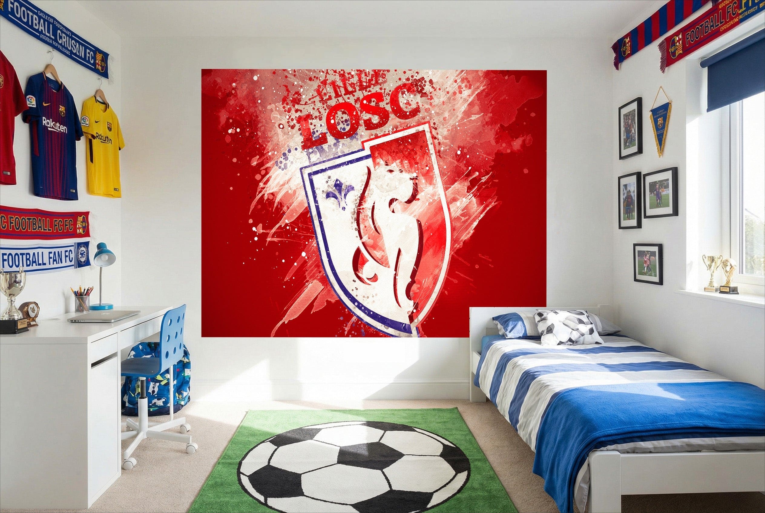 Papier peint lille losc avec peinture effet déco rouge vif et blason football club lille osc avec lettres blanches