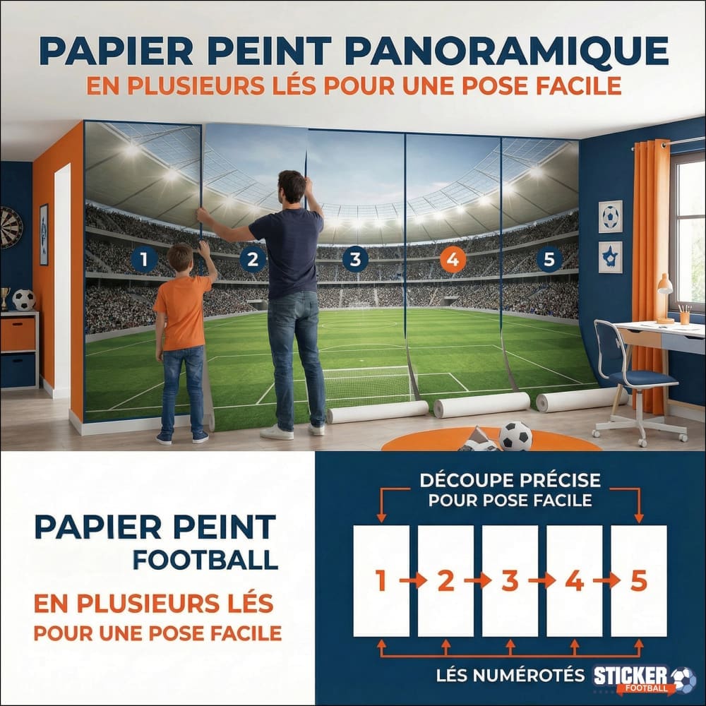 Fresque murale panoramique de stade de football avec sections numérotées pour un assemblage facile, pelouse verte vibrante et sièges orange.