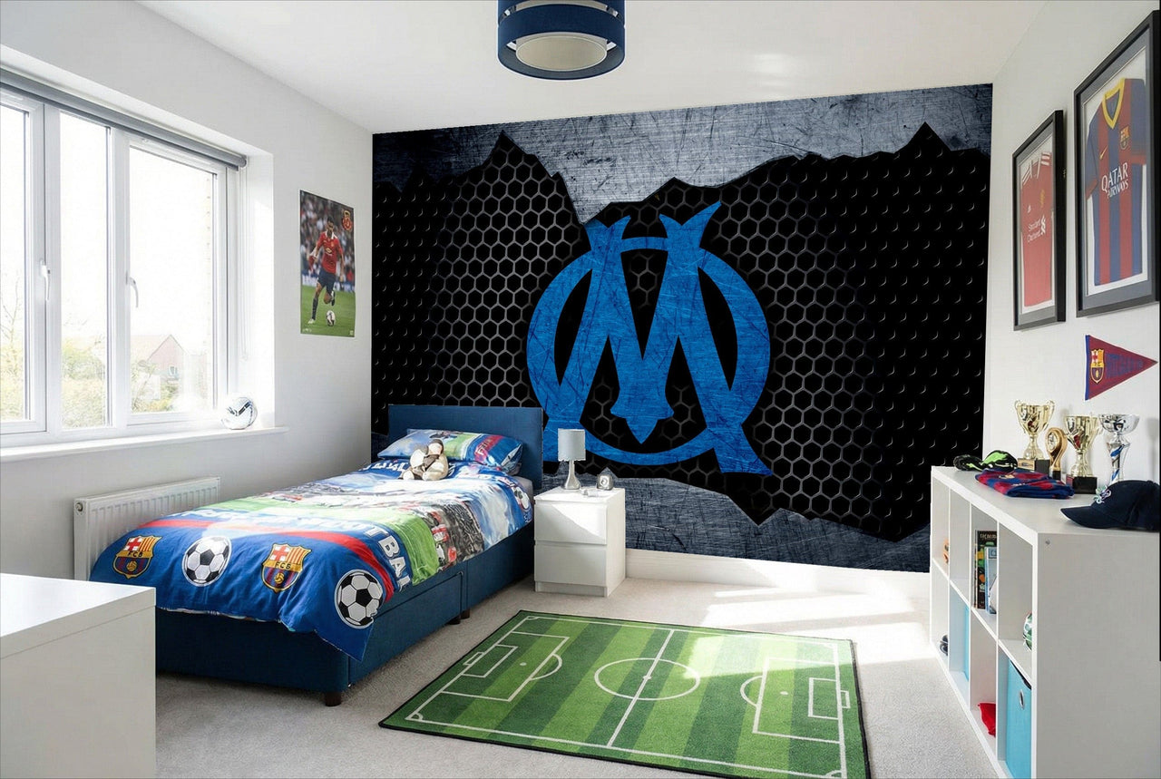 Papier peint football bleu et noir avec motif hexagonal et logo olympique de marseille pour décor murale sportive
