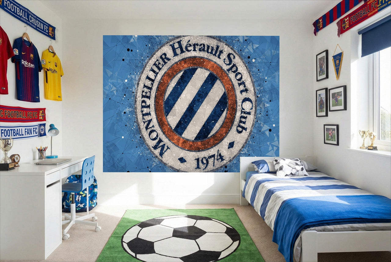 Papier peint football avec maillot rayé bleu et blanc rakuten logo football montpellier logo sur la poitrine