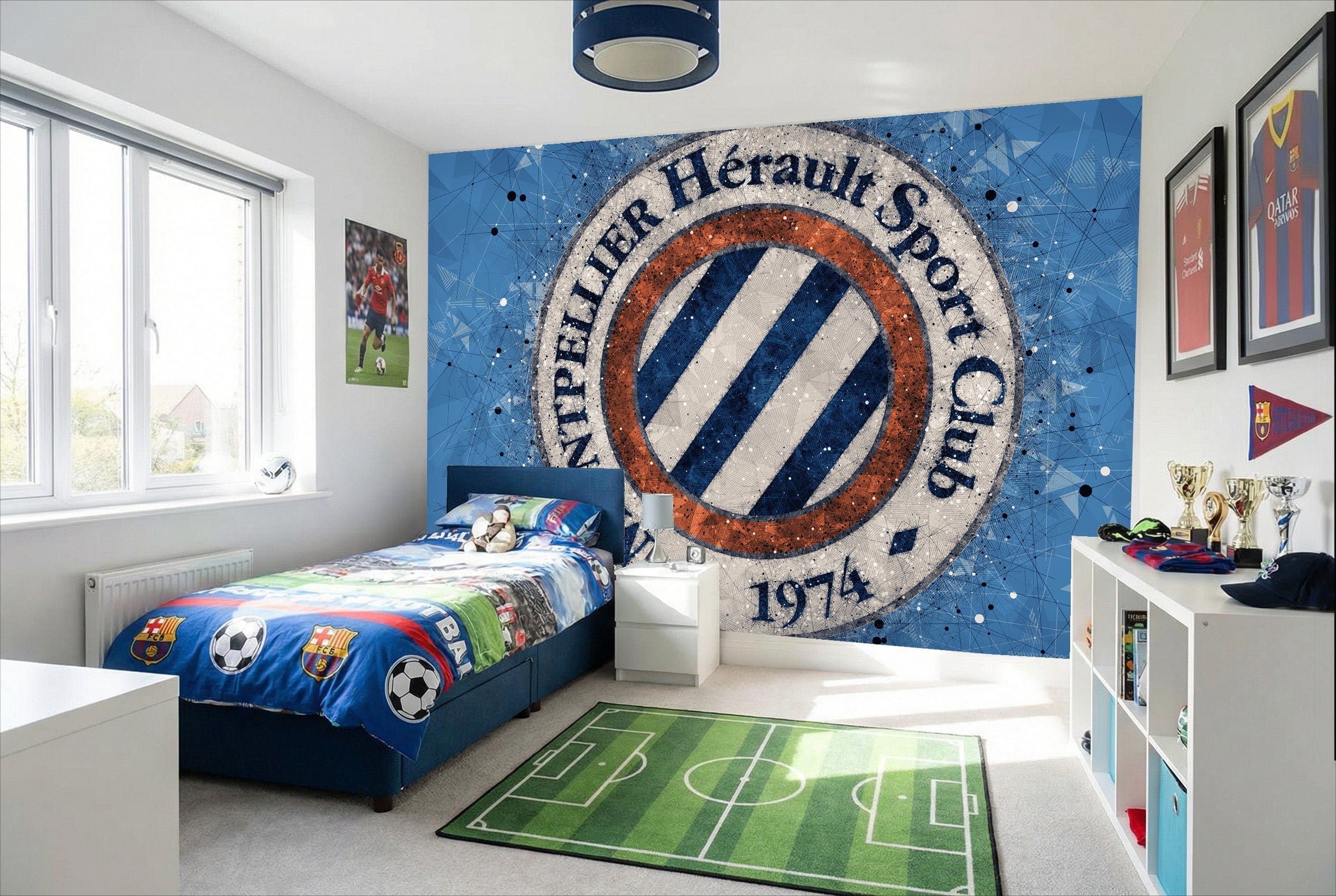 Papier peint football montpellier avec logo club bleu et blanc rayé montpellier hérault sport club 1974
