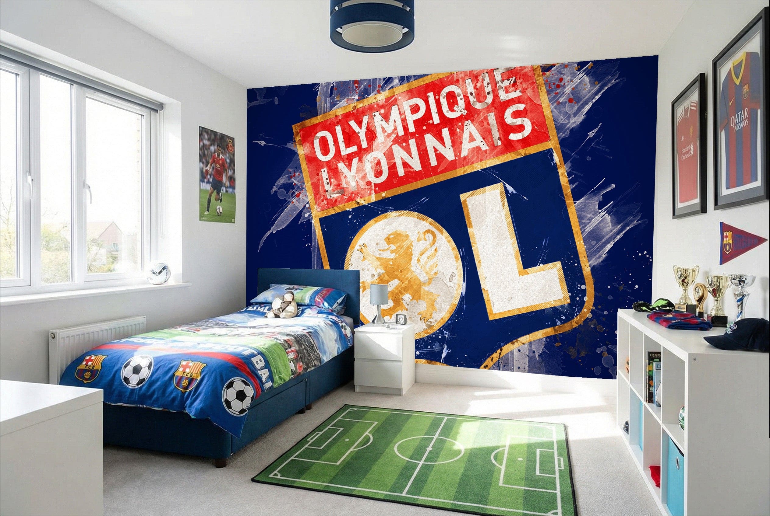 Papier peint football ol lyon avec murale thème lyonnais bleu, logo rouge et or usé pour fan OL lyon