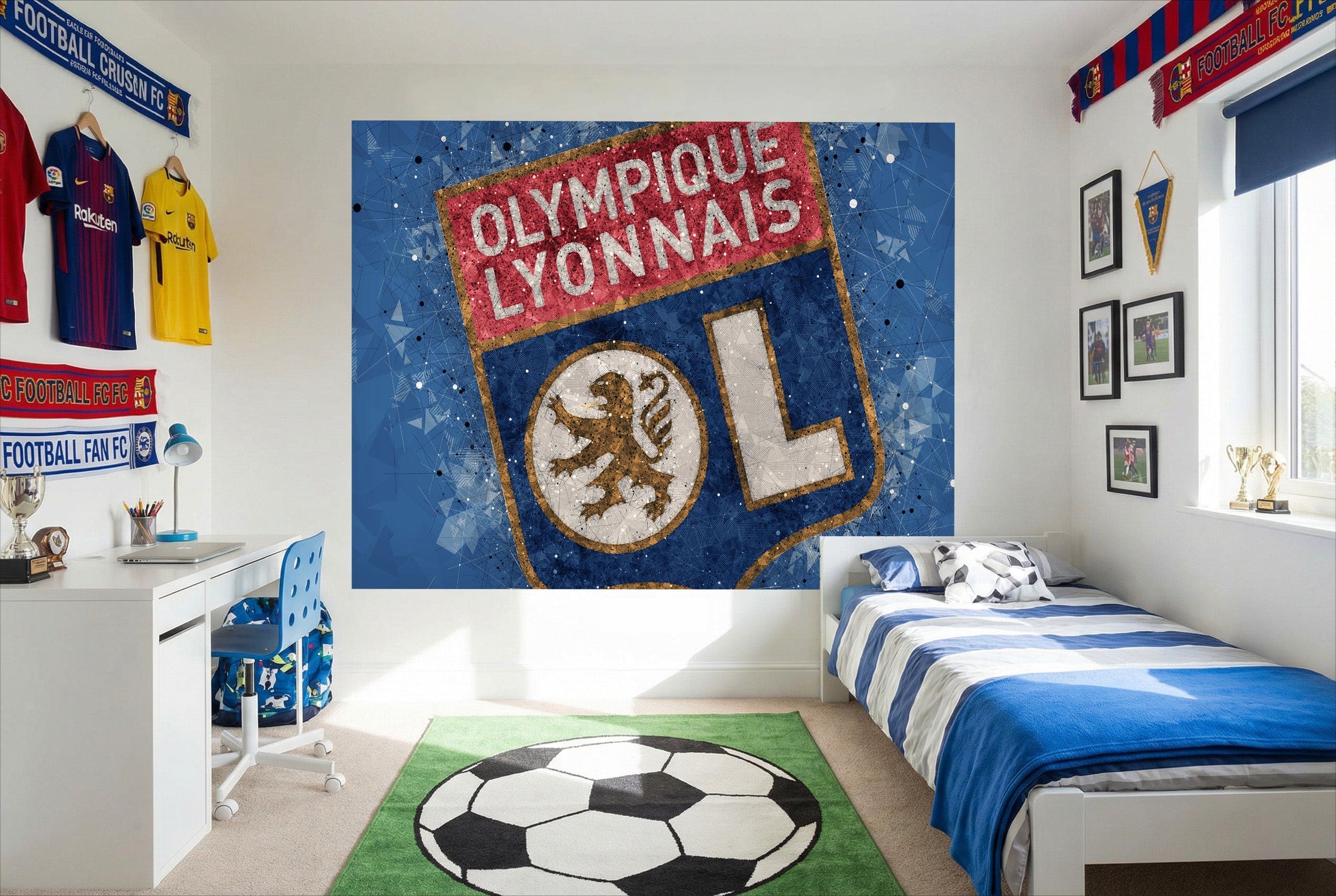 Papier peint olympique lyon bleu et blanc avec un lion doré mural pour olympique lyon décoration murale