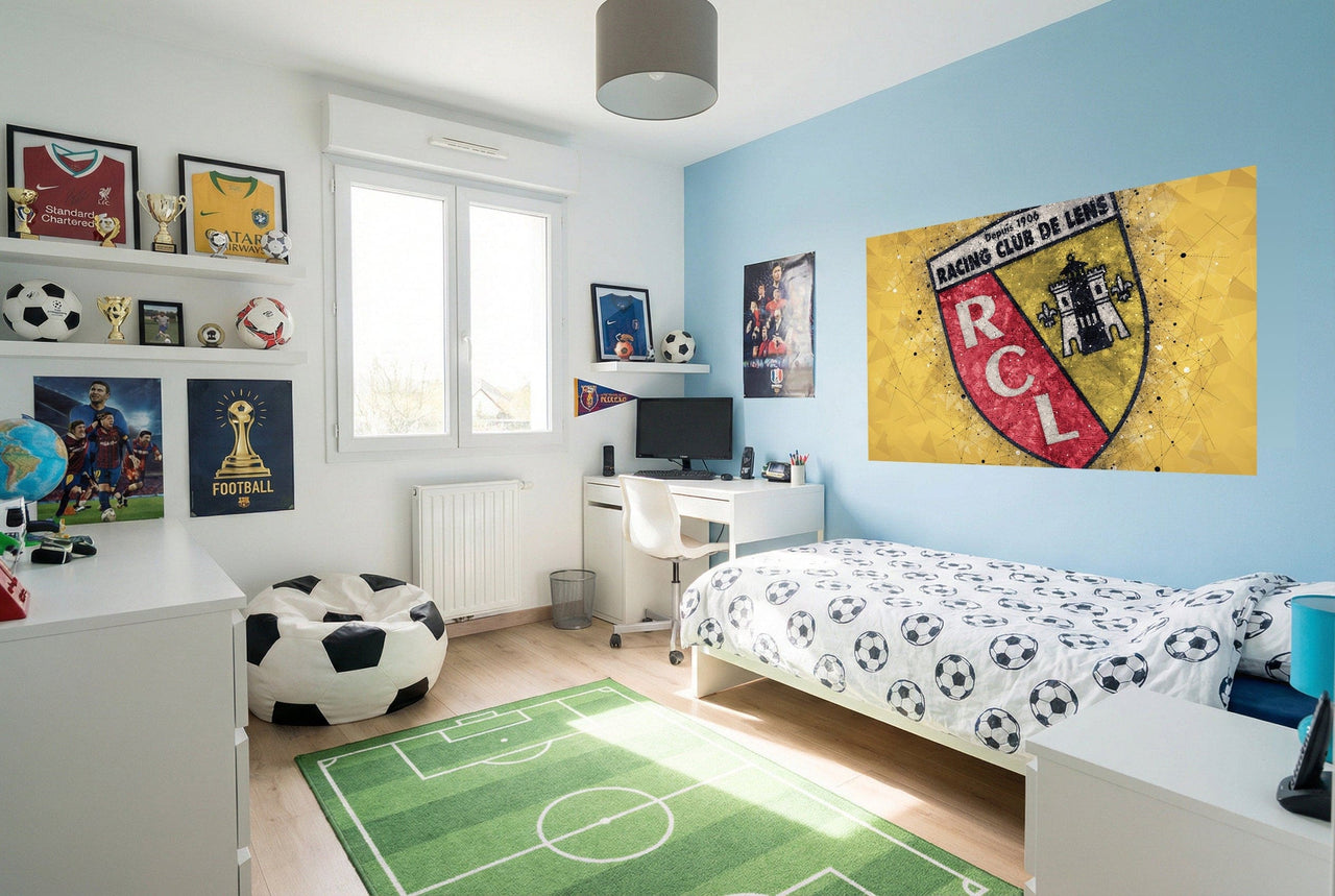 Lit blanc avec une couette à motifs de ballons de football noirs décor papier peint football lens logo tableau