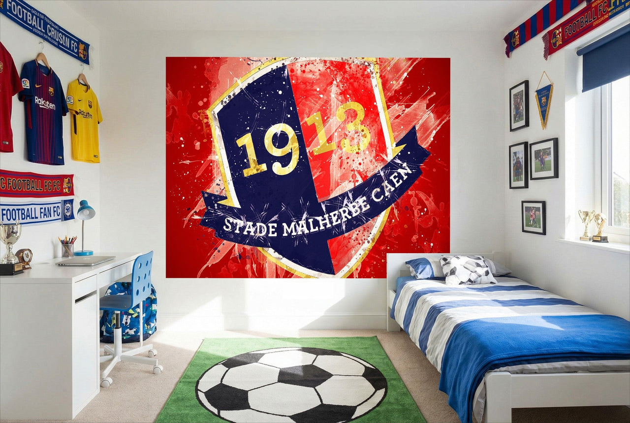 Papier peint football stade caen décoration avec motif mural dynamique rouge et bleu marine or 1913