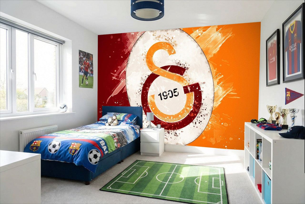 Papier peint galatasaray avec logo stylisé orange et bordeaux sur fond blanc et dégradé rouge-orange énergétique