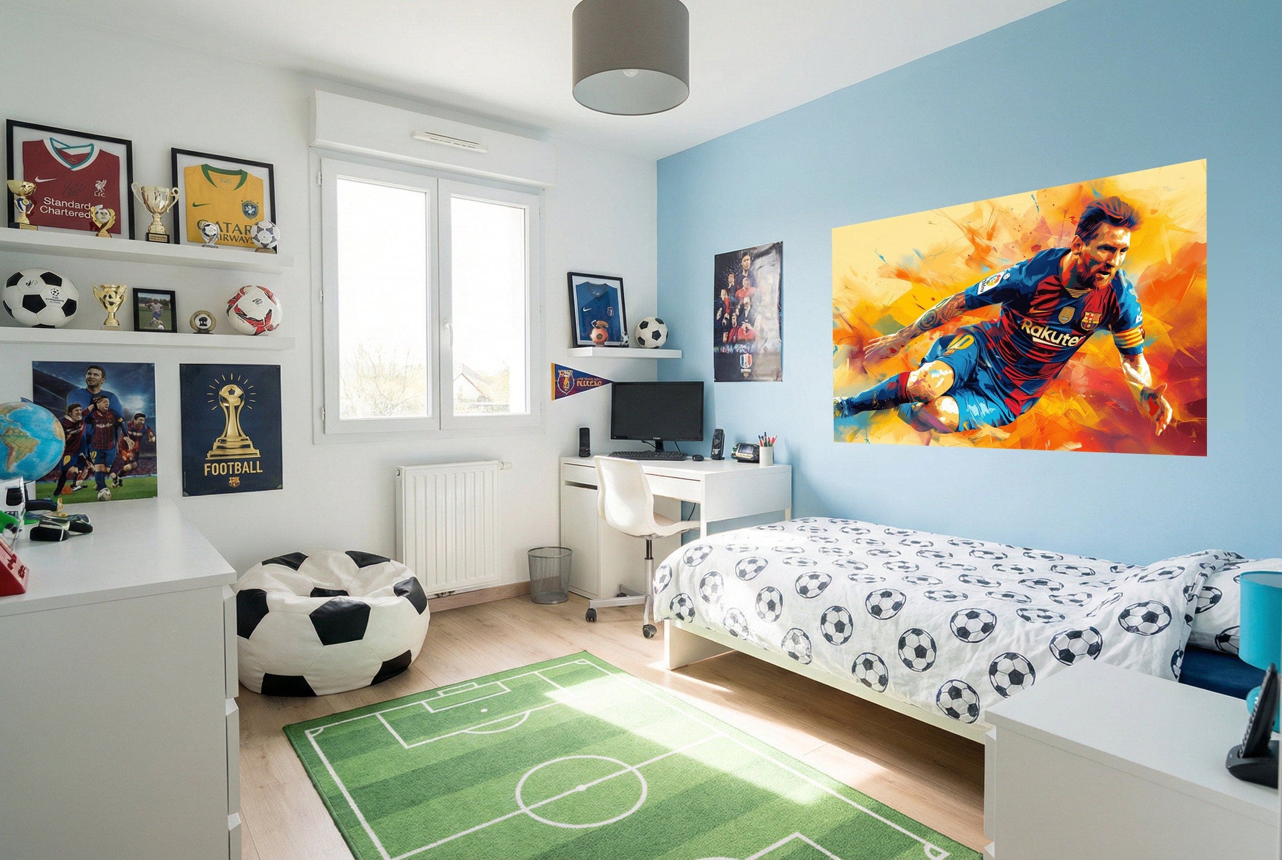 Papier peint lionel messi fc barcelona avec un mural dynamique de joueur de football sur fond bleu