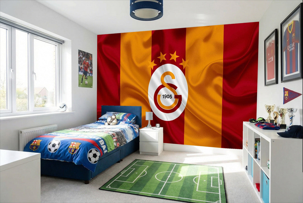 Le papier peint logo galatasaray en tissu vibrant rouge et jaune avec le logo pour une déco fan football unique