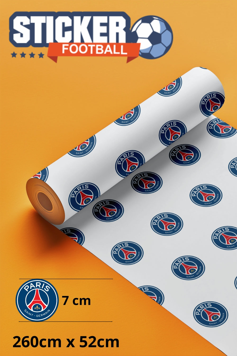 Rouleau de film adhésif blanc avec répétition des logos du Paris Saint-Germain.