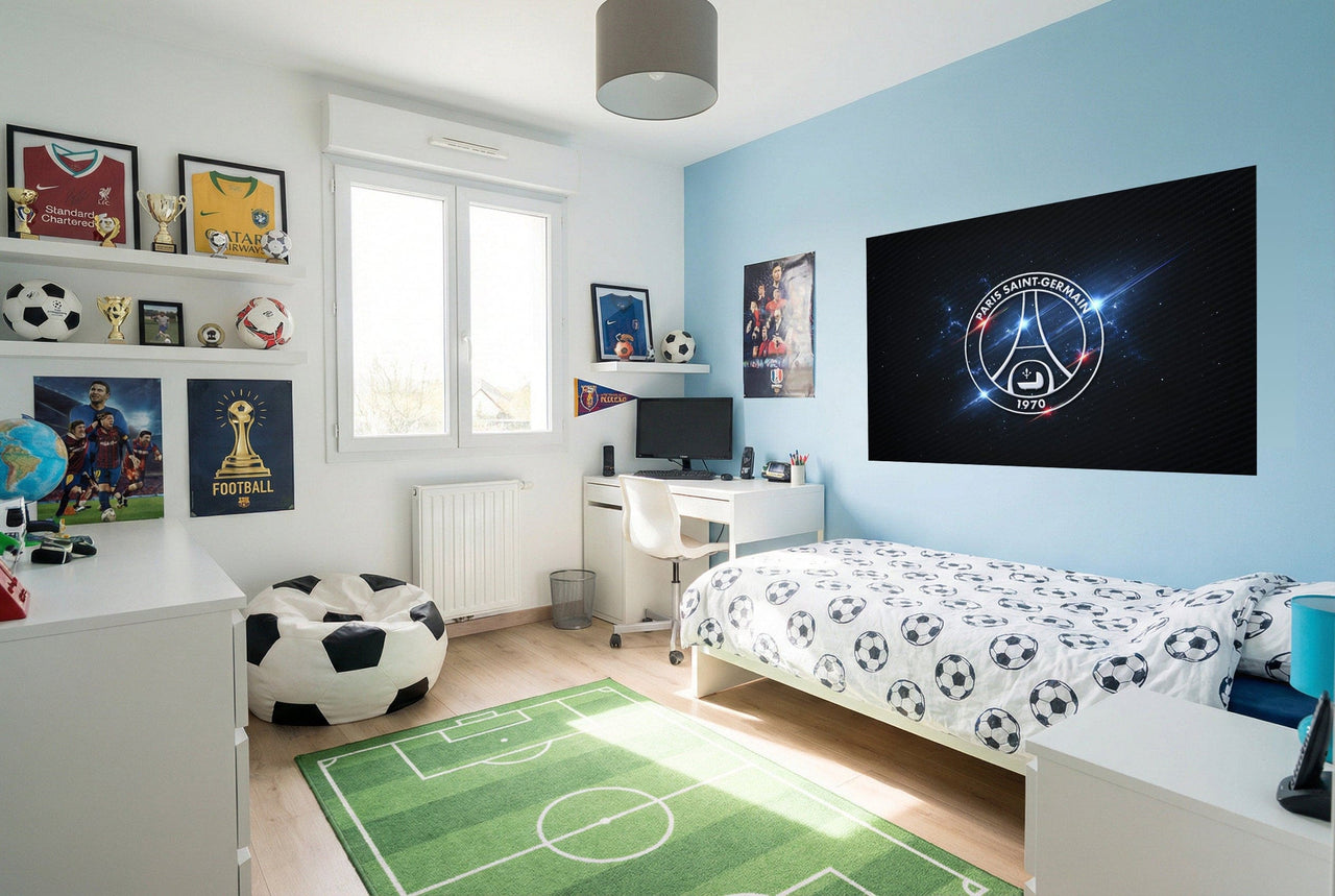 Lit blanc avec literie motif ballon de foot noir et blanc papier peint psg ambiance déco supporter passion