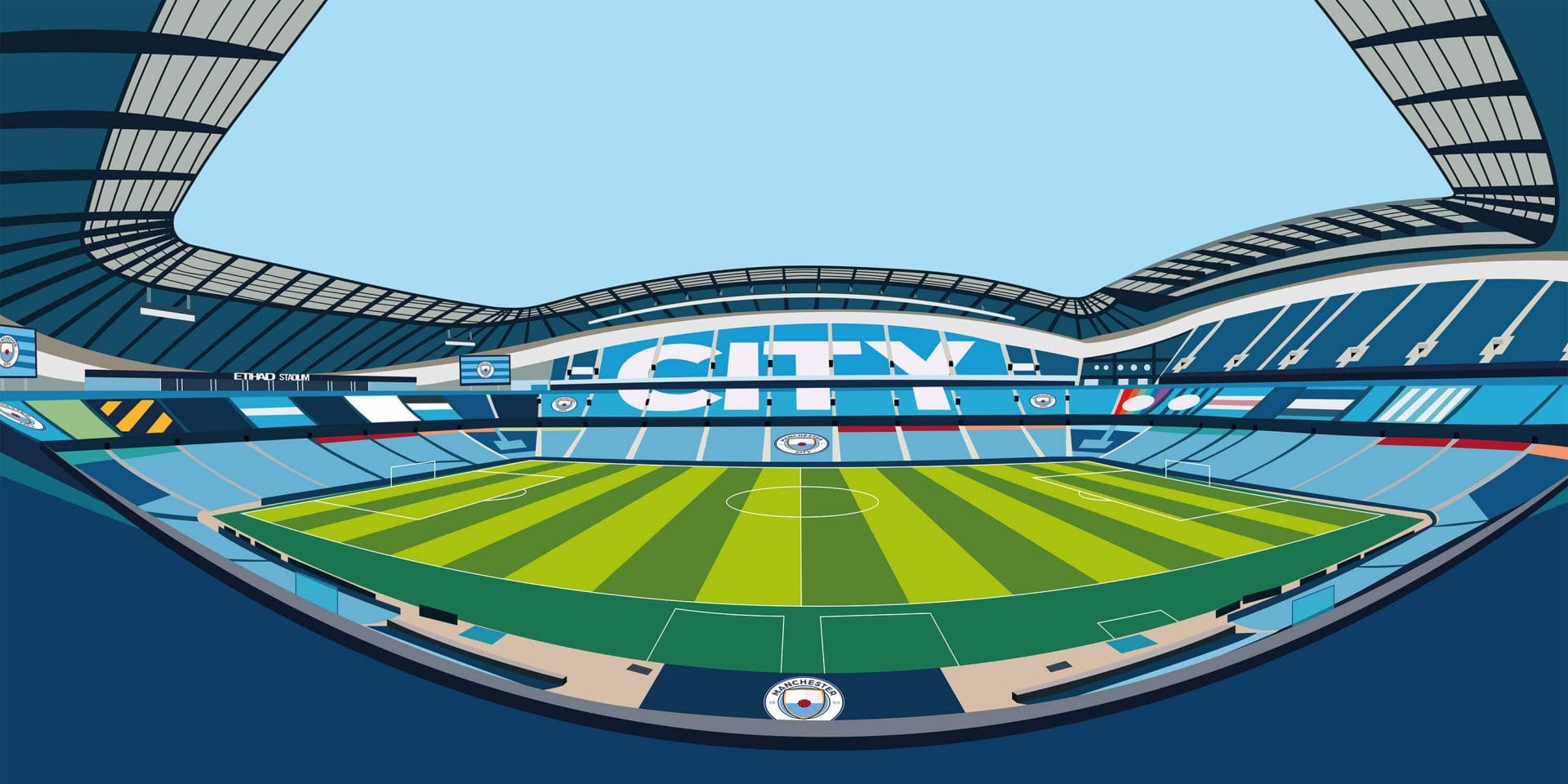 Stade de football vert et blanc avec des sièges bleus, design moderne.