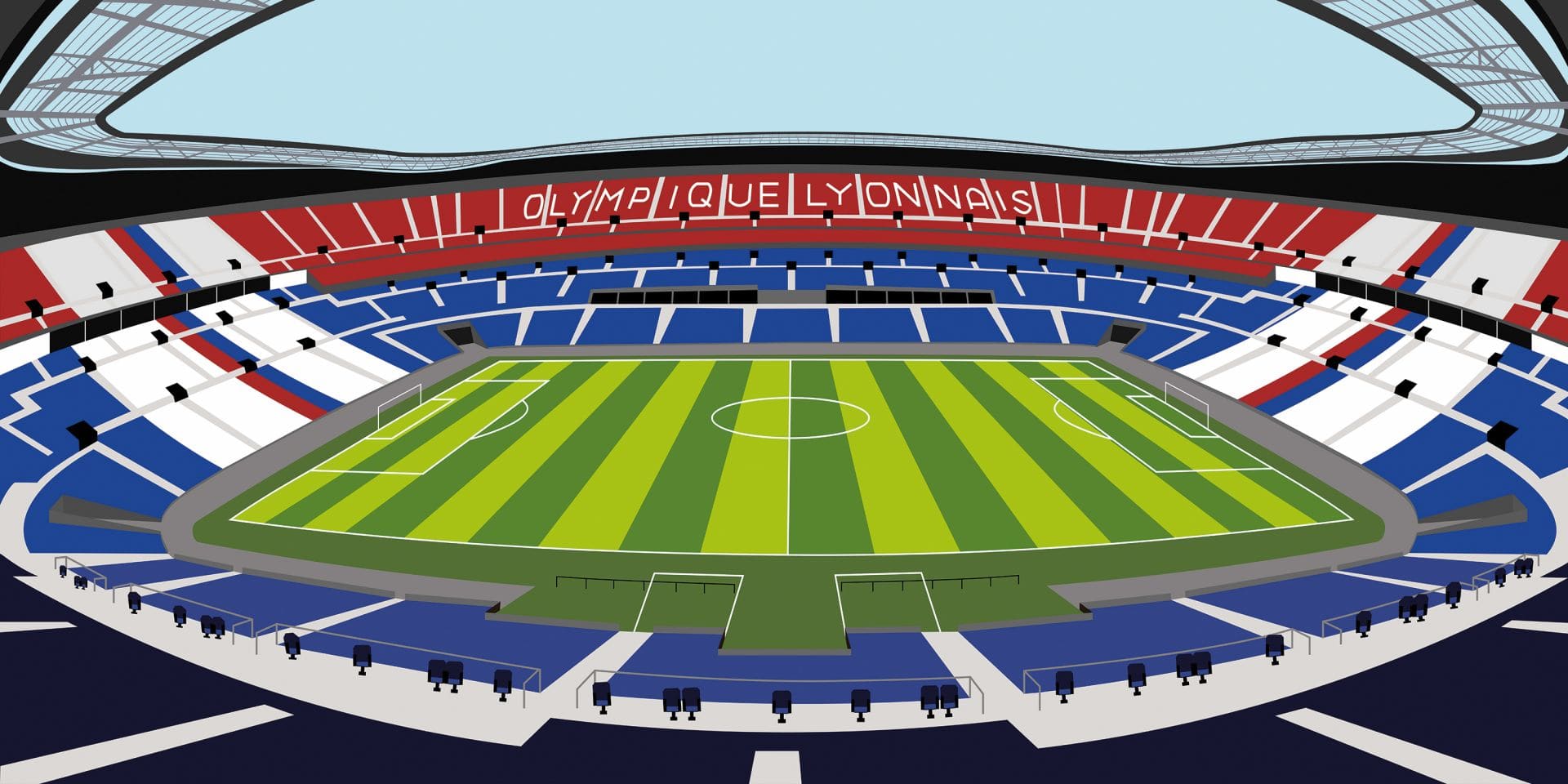 Stade de football rayé rouge et bleu avec pelouse verte, lignes blanches, et texte ’olympique lyonnais’.