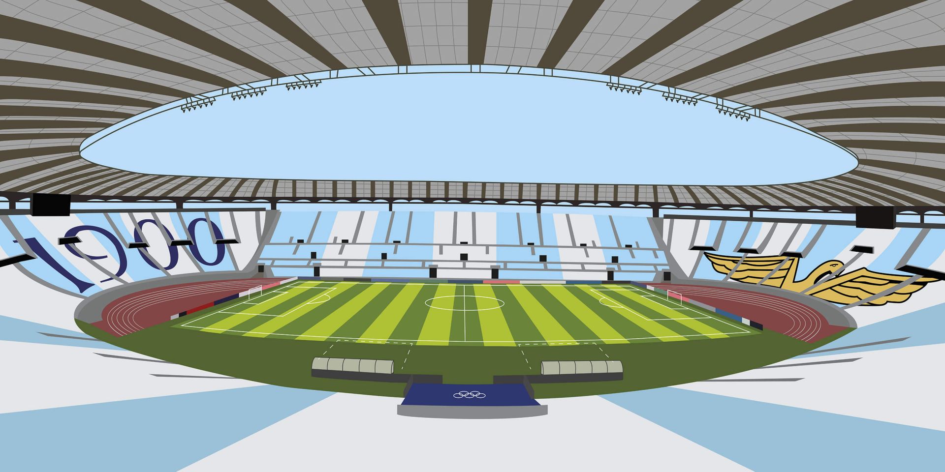 Terrain de football en herbe verte avec lignes blanches et anneaux olympiques.