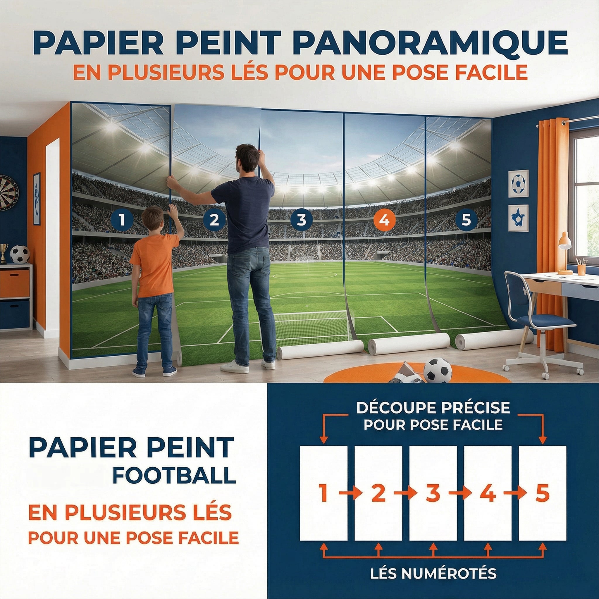 Mural de papier peint panoramique pour stade de football avec sections numérotées pour un assemblage facile, terrain vert vibrant et sièges orange.