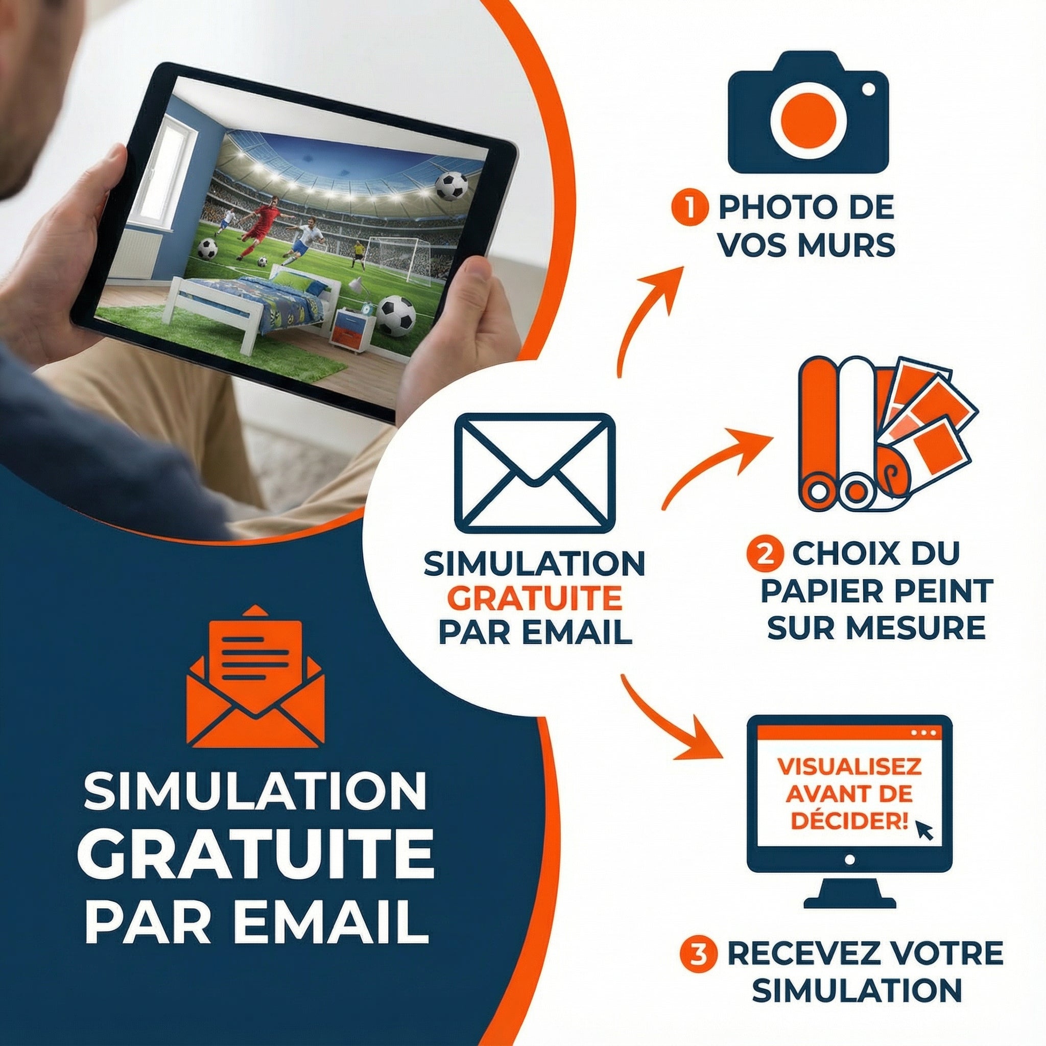 Tablette affichant une salle virtuelle avec des joueurs de football et des ballons à l’écran