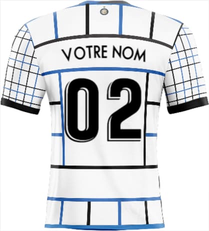 Dos d un maillot adhésif inter milan extérieur blanc avec motif grille bleu et noir et texte votre nom 02