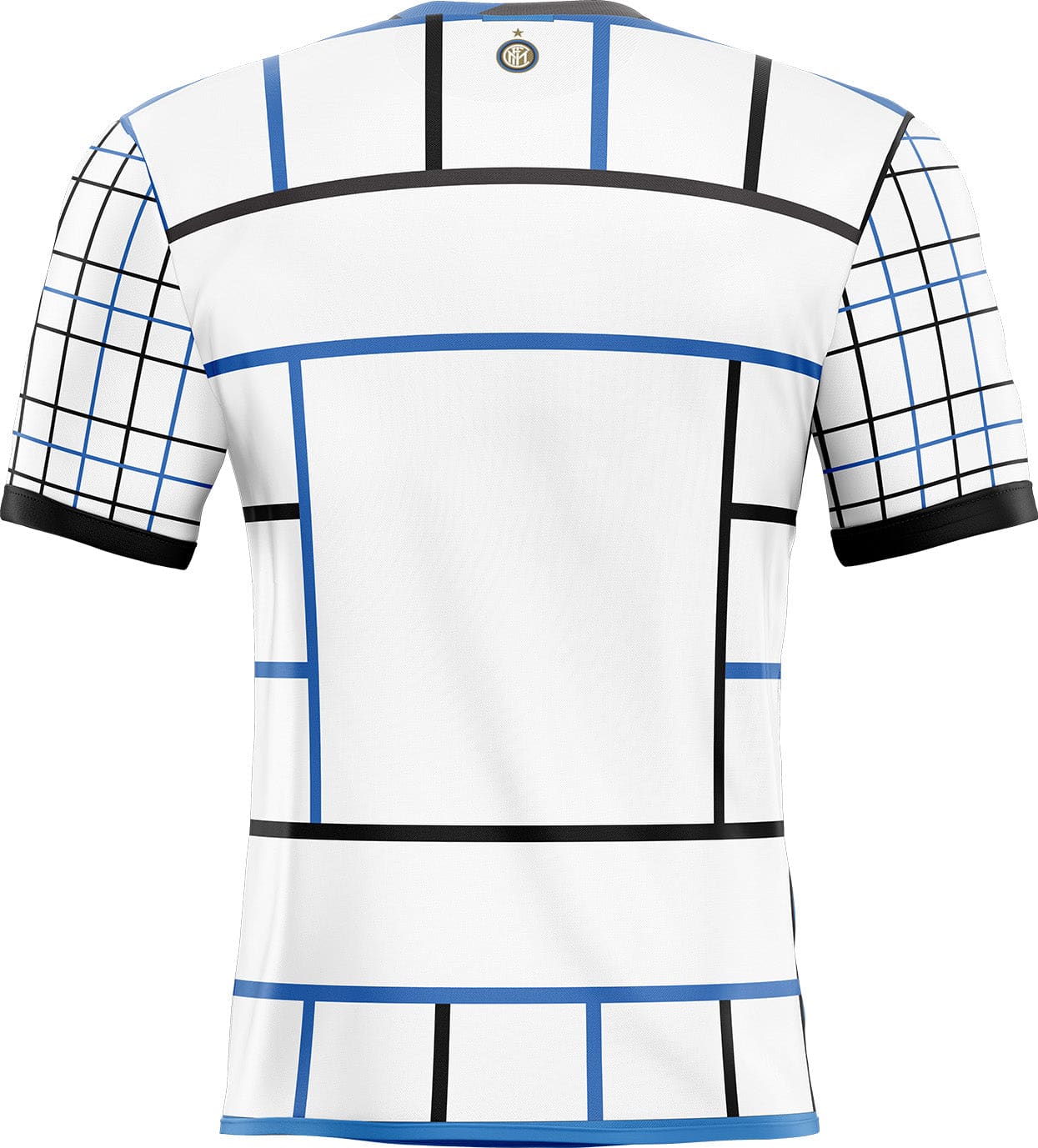 Adhésif extérieur inter milan avec motif géométrique noir et bleu et logo club au niveau du col