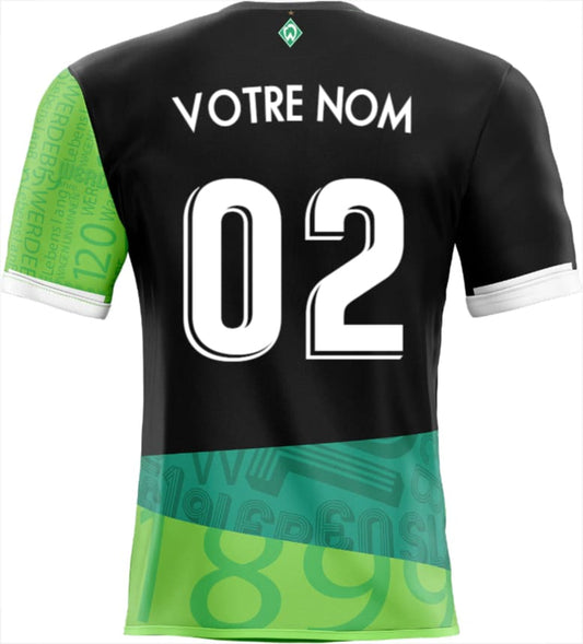 Maillot werder brême noir et vert néon avec numéro 02 blanc et autocollant maillot werder personnalisé collector