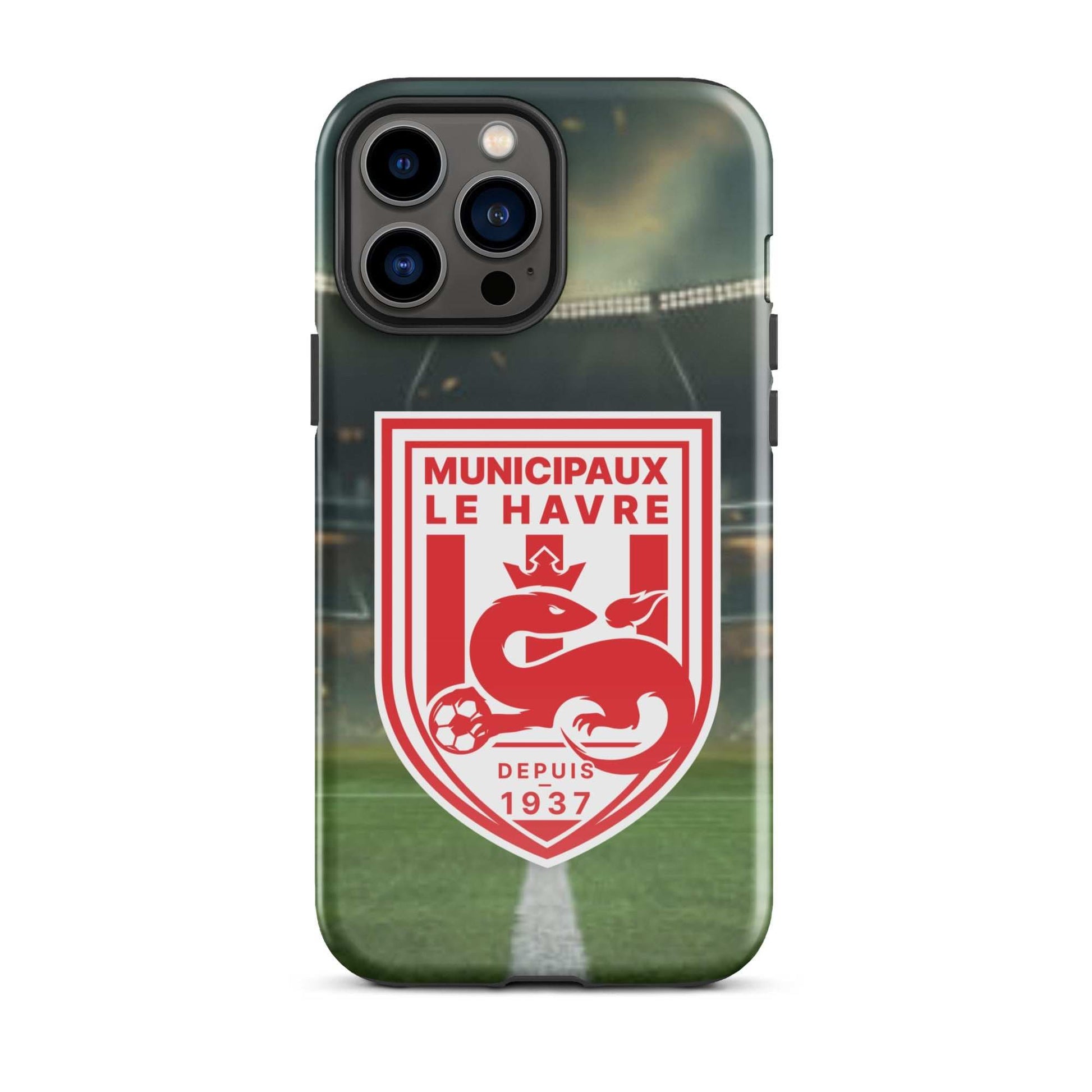 Un étui pour iPhone avec l’écusson d’un club de football et un arrière-plan de stade.