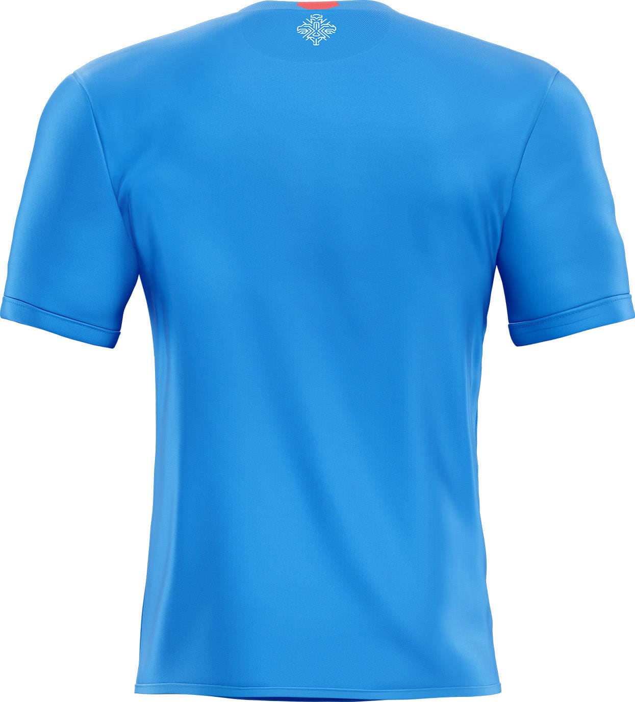 Maillot islande personnalisé bleu vif manches courtes avec petit logo blanc et orange au col pour football islande personnalisé