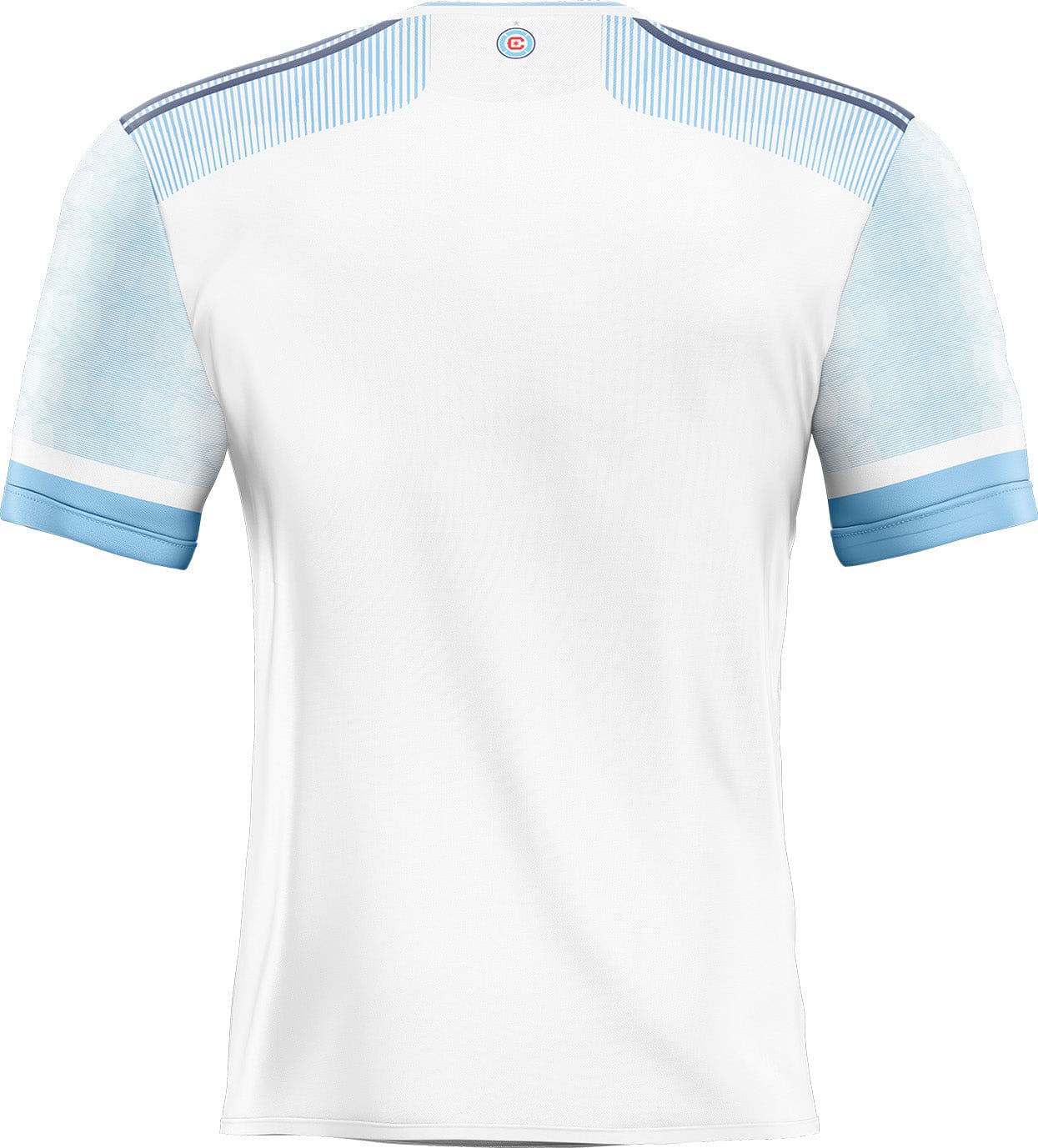 Maillot chicago fire personnalisé blanc avec manches en mesh bleu clair et bandes marines sticker foot maillot