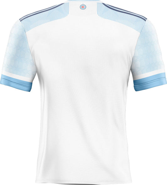 Maillot chicago fire personnalisé blanc avec manches en mesh bleu clair et bandes marines sticker foot maillot