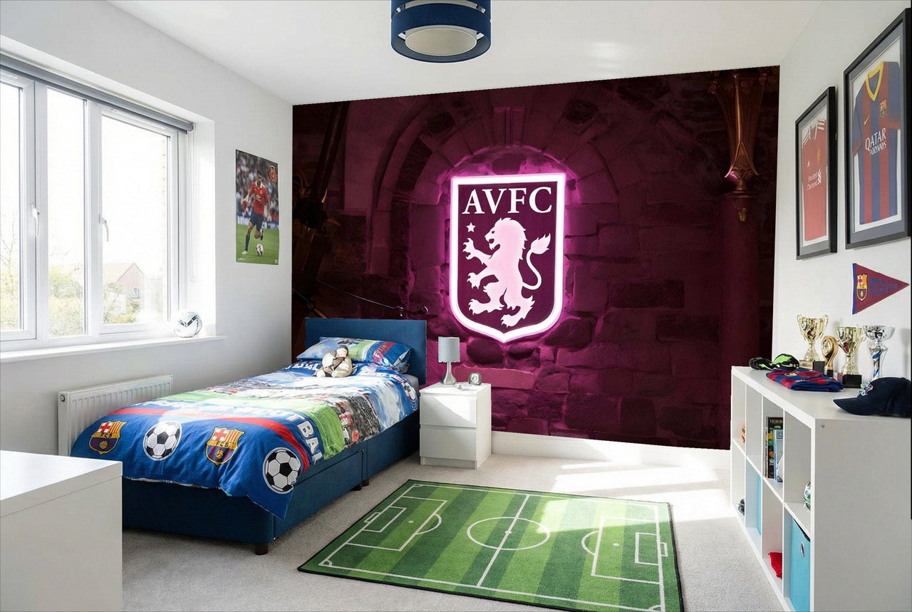 Papier peint aston villa avec emblème avfc néon rose monté sur mur en pierre marron foncé pour décor football