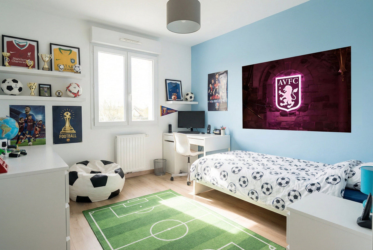 Papier peint aston villa en néon rose sur mur bordeaux pour décor football passionné