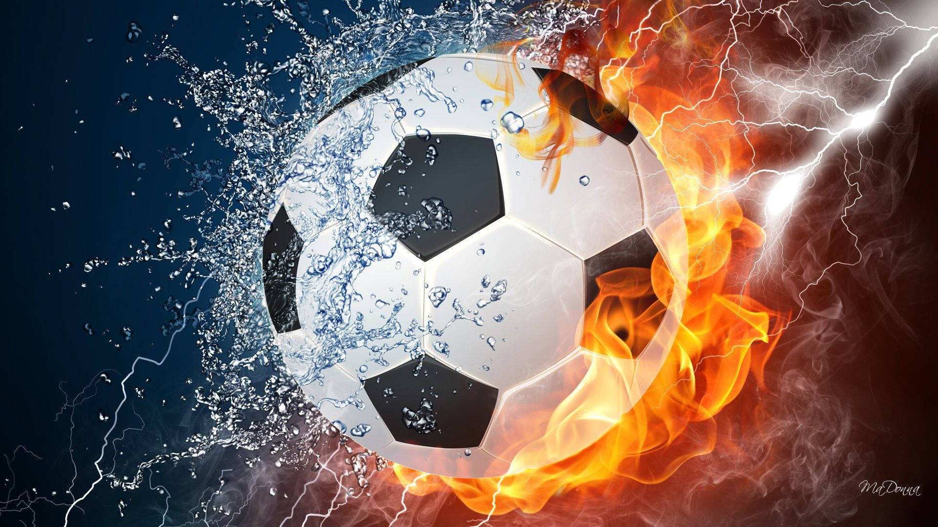 Ballon de football englouti dans l’eau et le feu.