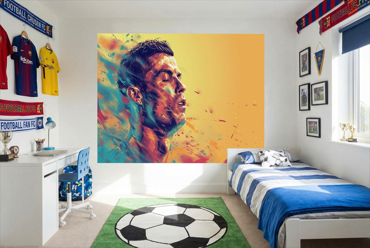 Papier peint cristiano ronaldo passion soccer avec portrait abstrait vibrant en profil sur grande fresque murale