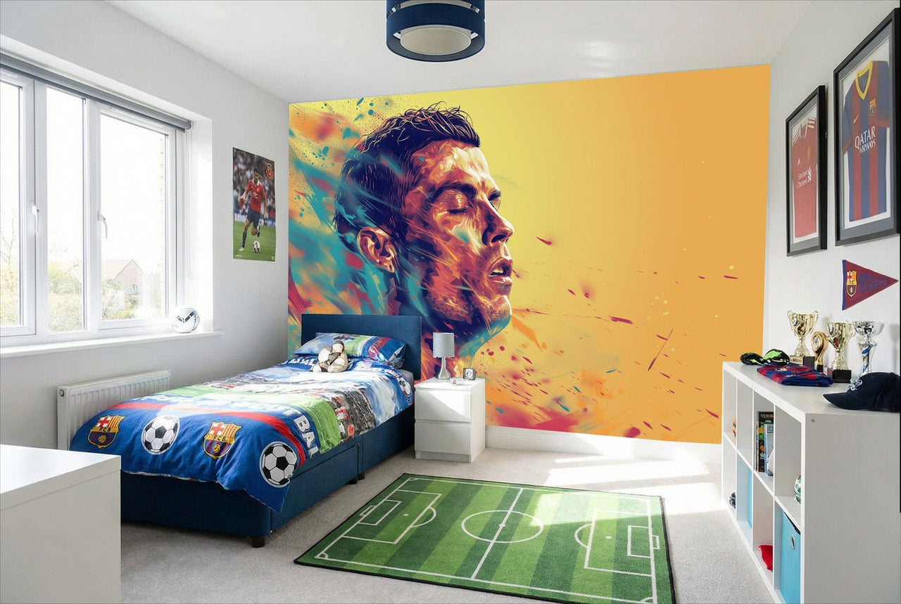 Papier peint cristiano ronaldo passion soccer avec visage de joueur de football coloré et dégradés orange-jaune dynamiques