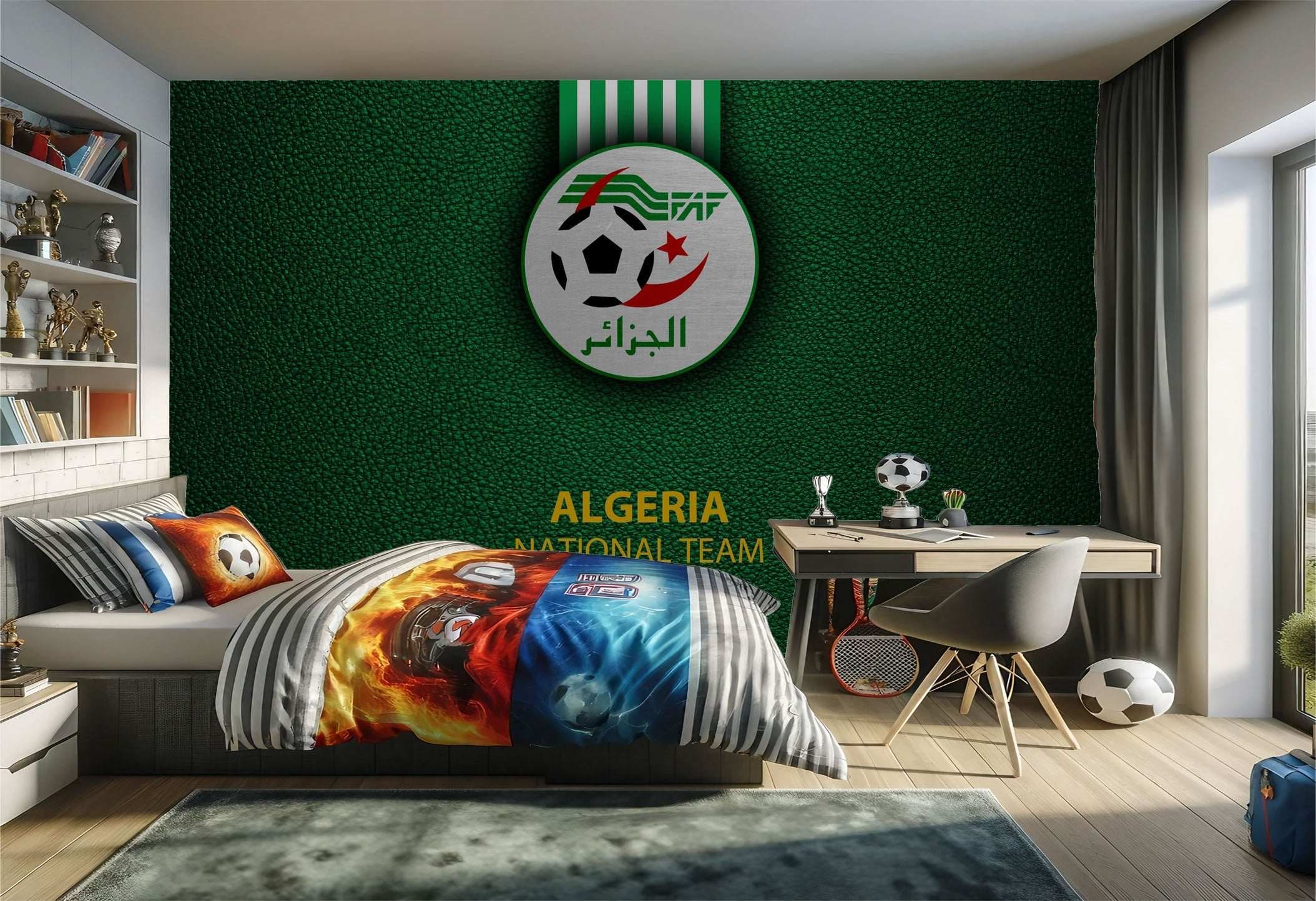 Une chambre de garçon décorée sur le thème de l’équipe nationale algérienne.