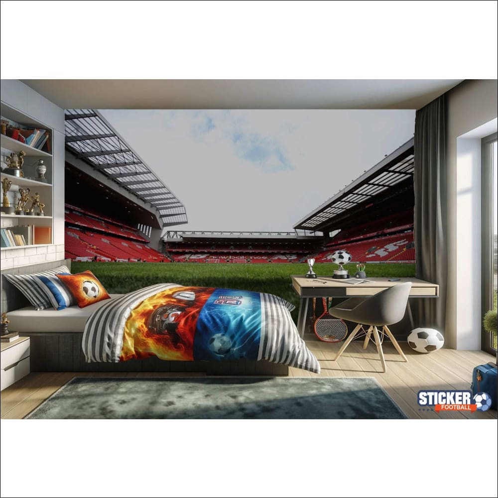 Une chambre d’enfant avec une fresque de stade de football.