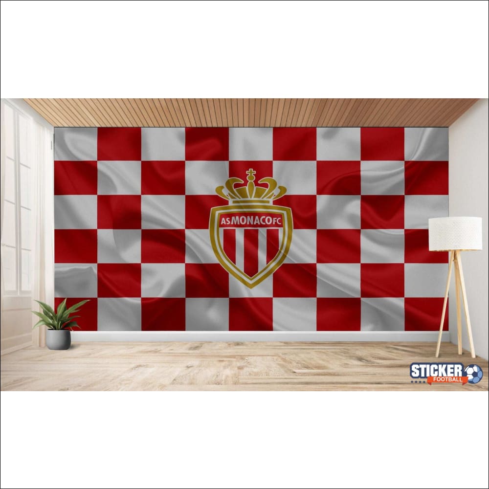 Grande tapisserie murale ou murale présentant un motif à carreaux rouges et blancs avec l’écusson de l’AS Monaco FC au centre.