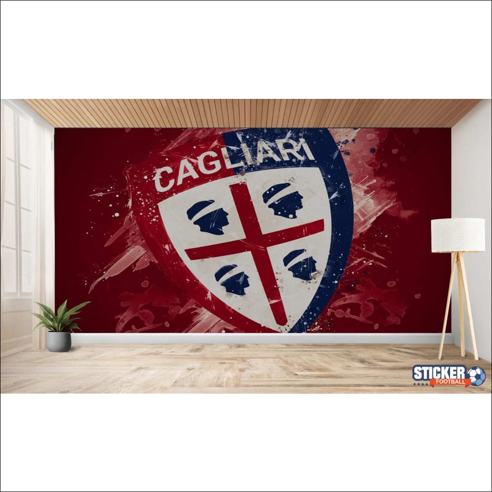 Murale représentant l’écusson du club de football de Cagliari avec un effet peint et vieilli.