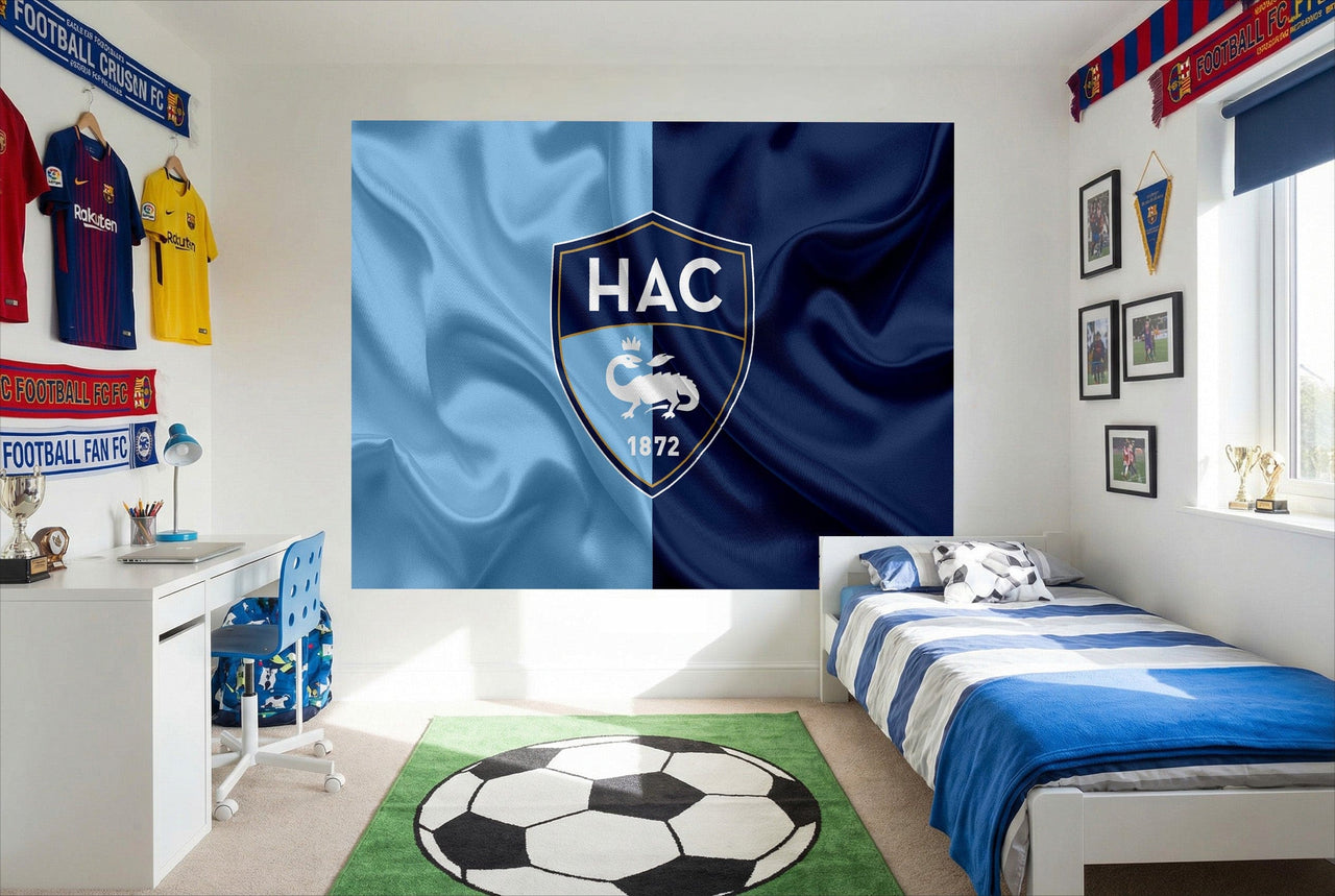 Papier peint foot hac effet drapeau bleu et blanc avec texture satinée représentant un mur de club football hac