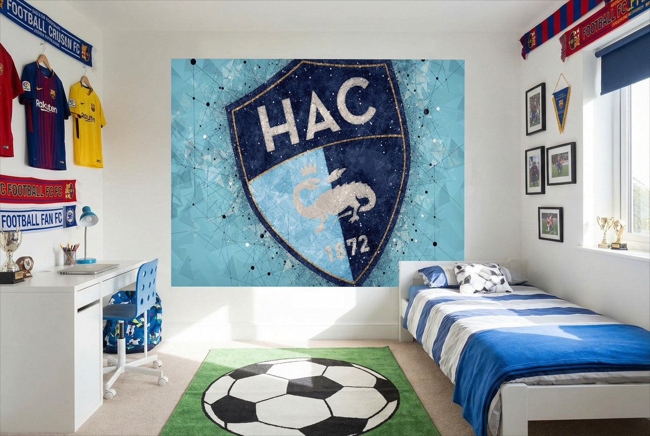 Papier peint football le havre hac bleu et blanc avec blason scorpion résister à l’usure et produits chimiques agressifs