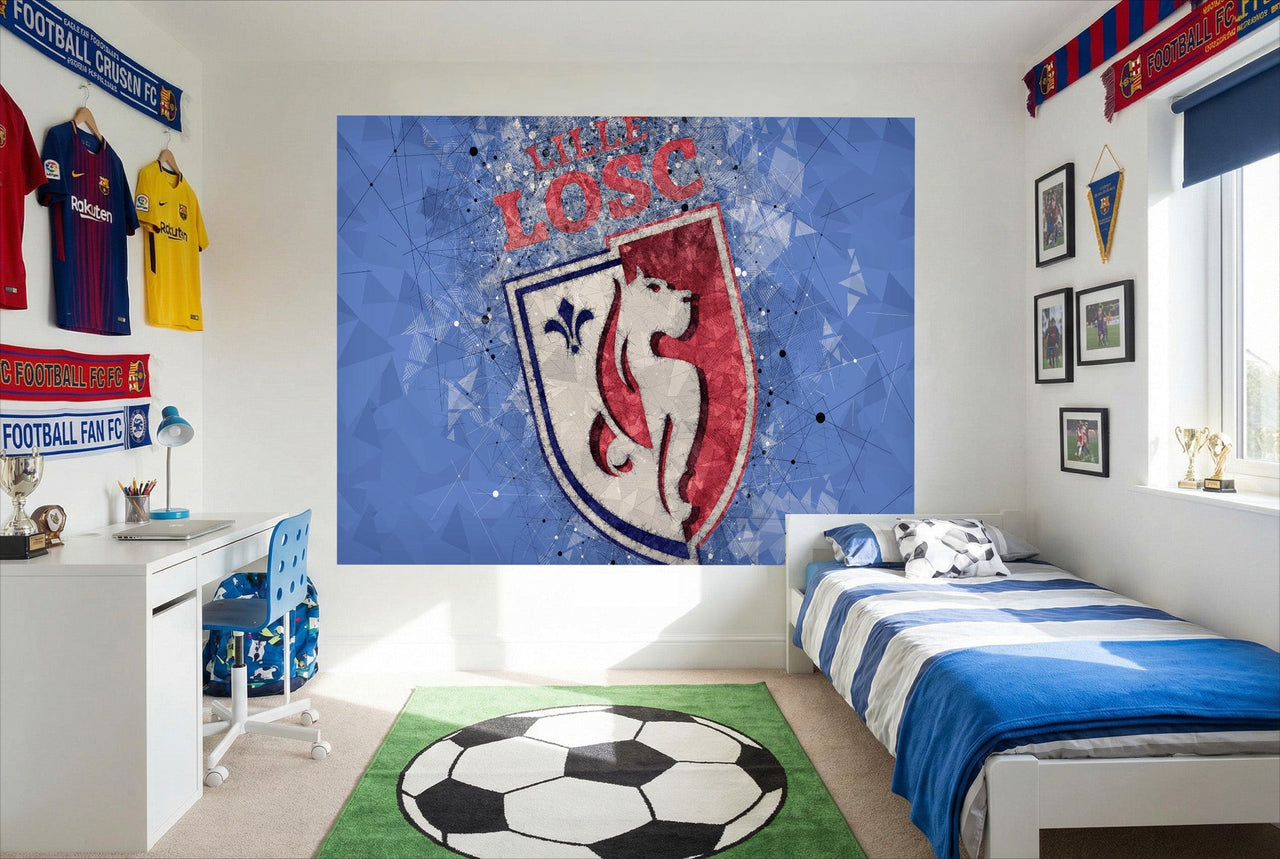 Papier peint lille avec logo football décoration losc bleu rouge et lion blanc sur fond texturé bleu