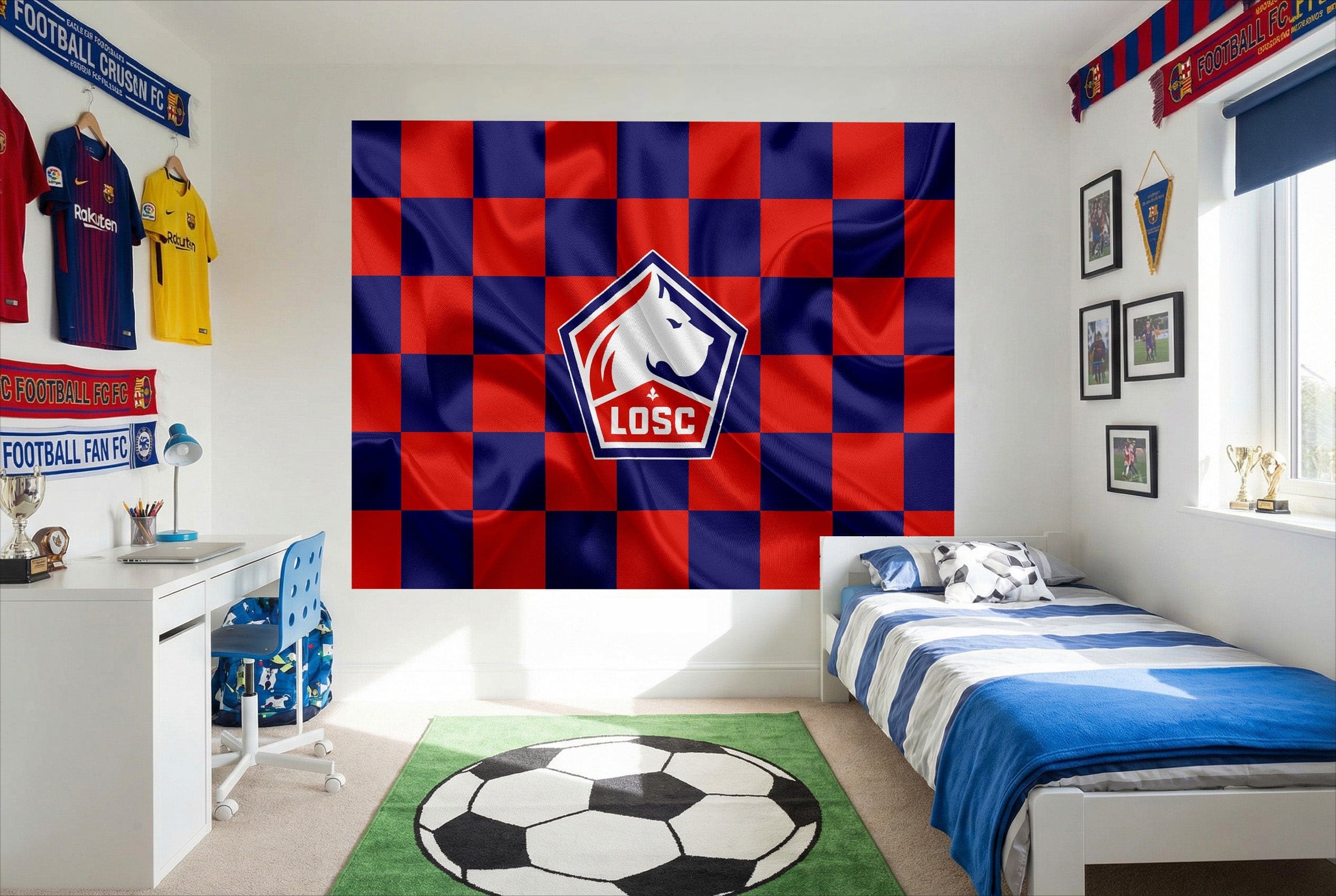 Papier peint football lille losc logo drapeau avec motif à carreaux rouge et bleu pour décoration murale sportive