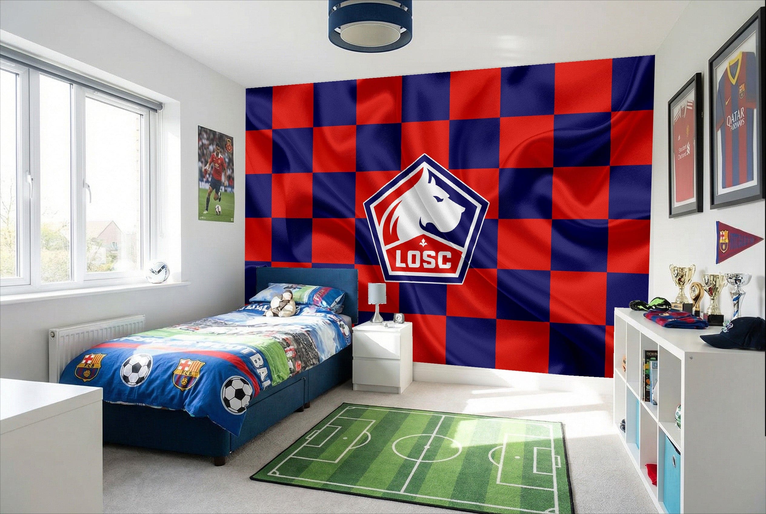 Papier peint football lille losc logo drapeau rouge et bleu à carreaux pour mur décoratif
